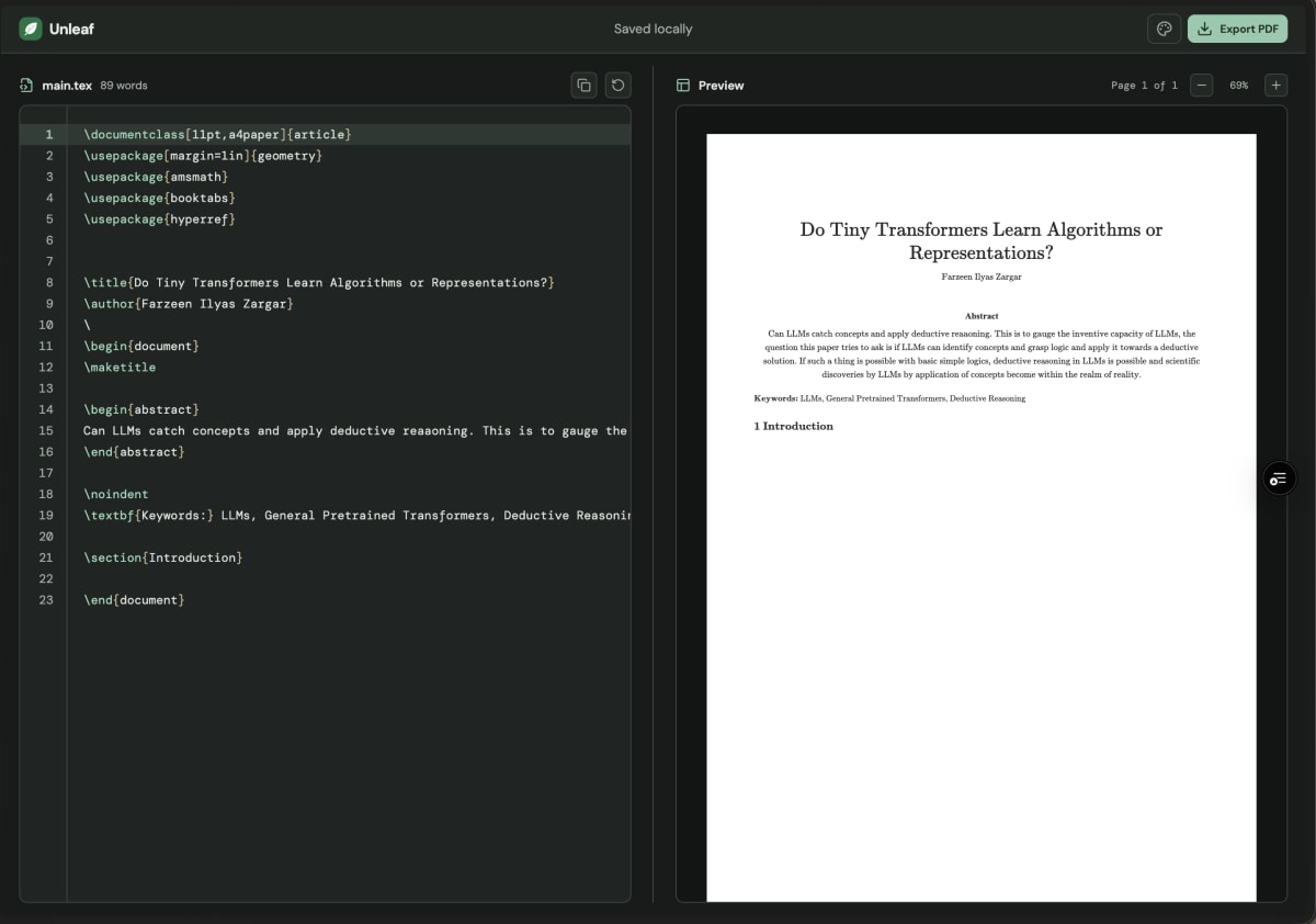 Unleaf with LaTeX source on the left and a rendered research paper on the right